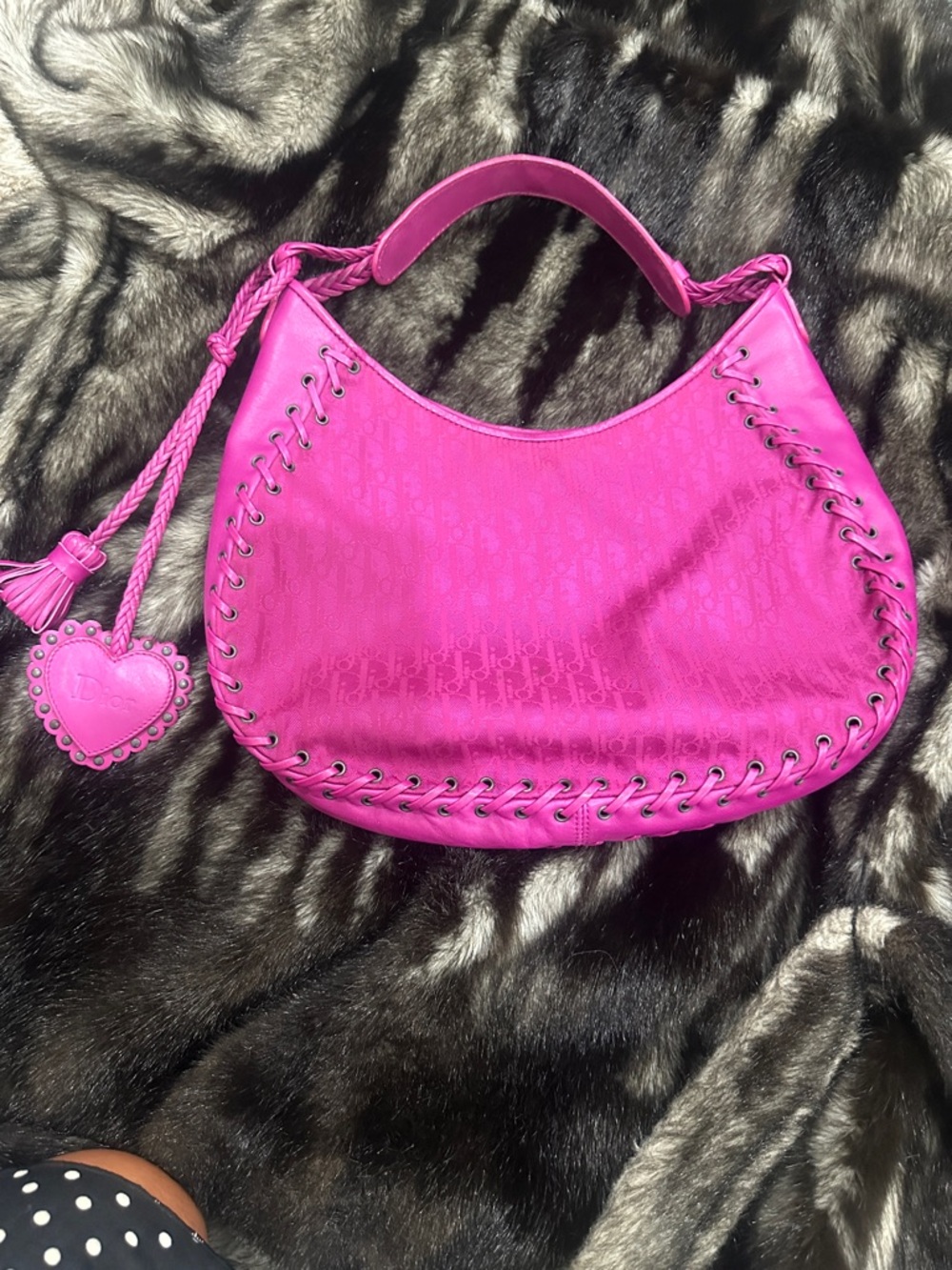 DIOR Hot Pink Braided-Handle Shoulder Bag with Heart DIOR Charm